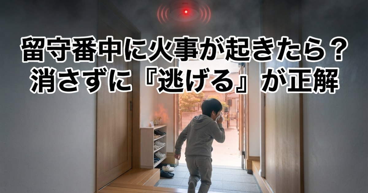 留守番中に火事が起きたら？消さずに逃げるが正解——煙の中、口をハンカチで覆って玄関へ逃げる子供