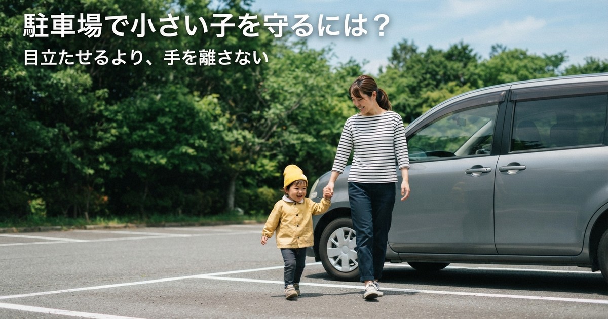駐車場で子供と手をつないで歩く親子