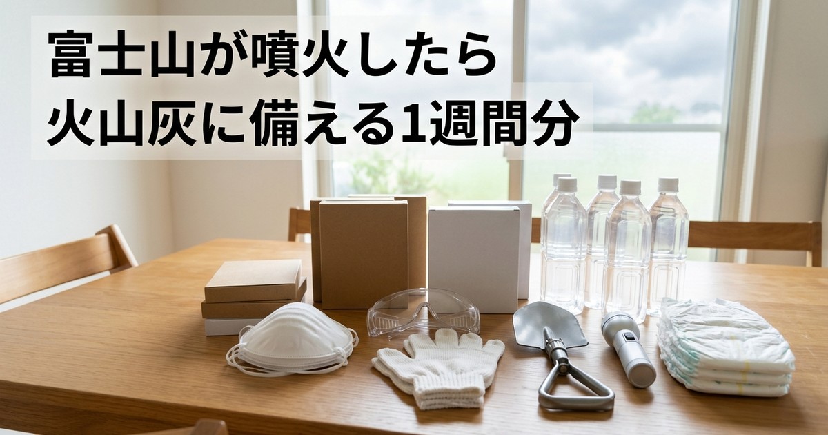 テーブルに並んだ水・食料・防塵マスク・ゴーグル・軍手・スコップ・懐中電灯・紙おむつ