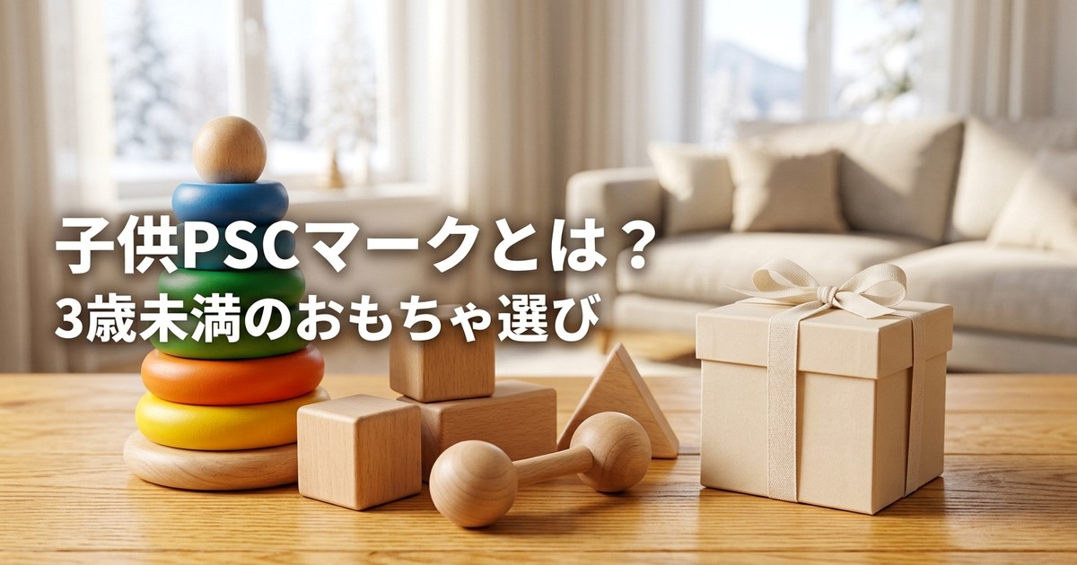 木のテーブルに並んだ赤ちゃん向けの木のおもちゃとプレゼント箱